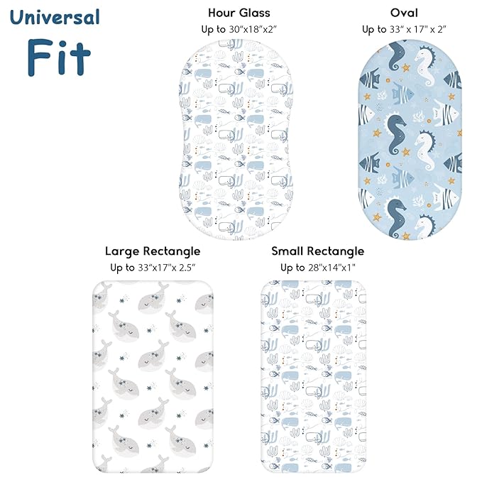 Yoofoss Bassinet Sheets for Baby,3-Pack Fitted Bassinet Sheets Set Compatible with Halo Bassinest Swivel Sleeper,Baby Delight,Angelbliss,Soft Breathable Bassinet Mattress Sheets (Blue+Seahorse)