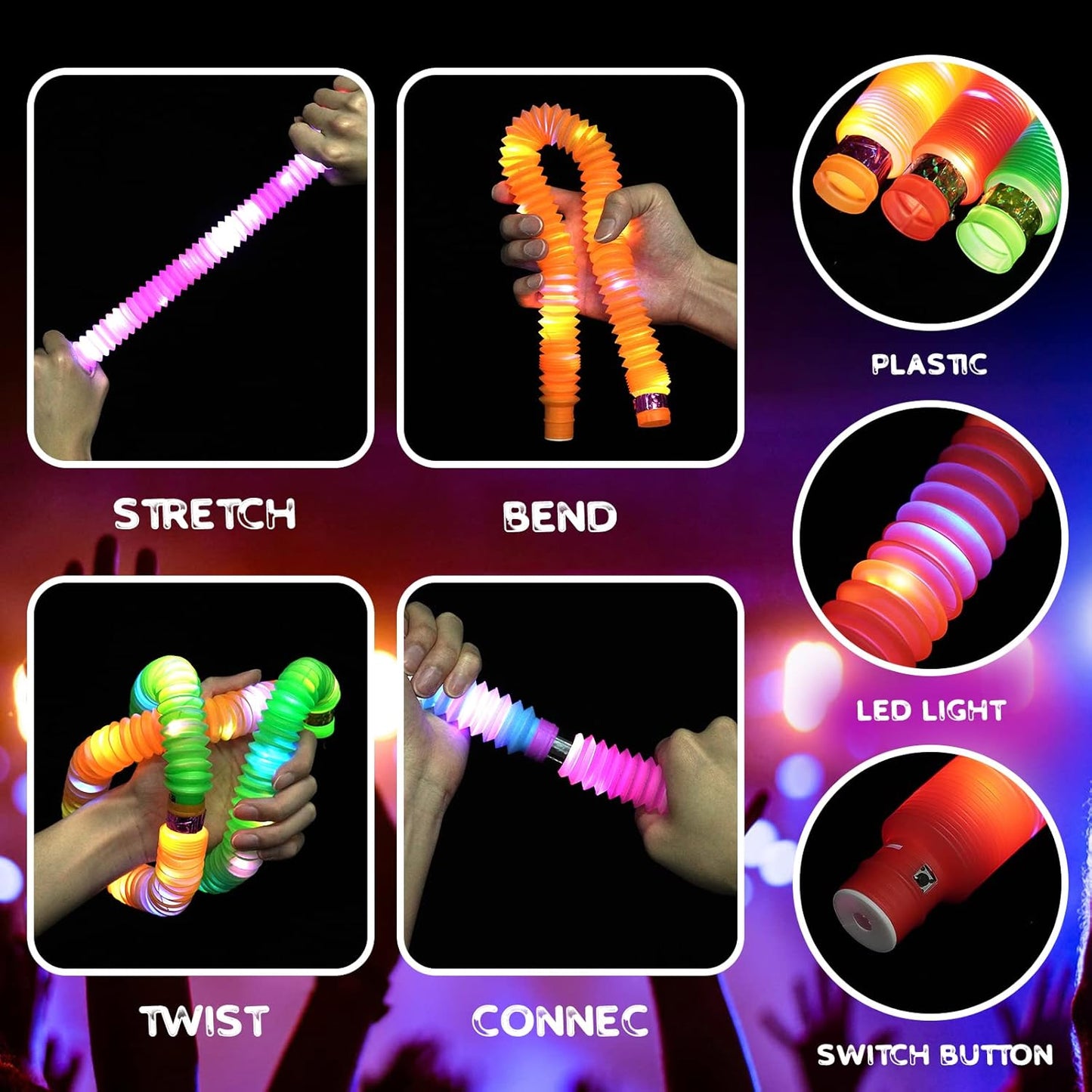 LED Light Up Pop Tubes Fidget Toys for Kids Sensory Toys, 6 Pack LED Pop Fidget Tubes Glow in The Dark Party Favors Supplies Toddler Sensory Toys Stocking Stuffers Return Gifts Prize