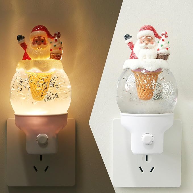 Christmas Night Light Plug into Wall Swirling Glitter USB Portable Christmas Decorative Night Light Decoration for Kids Adults Bedroom Kitchen Living Room Holiday Decor (Santa Cookie Cones)