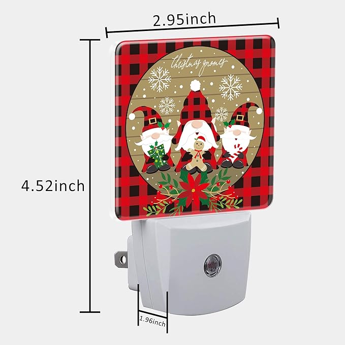Christmas Gnome Red Black Plaid Night Light for Kids, LED Night Light Plug into Wall with Dusk to Dawn Sensor for Girls Boys Women Men Room Decor, Hallway, Kitchen, Bathroom, Nursery, Stairs