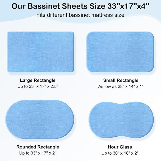 Baby Bassinet Sheets TPU Waterproof 2 Pack Soft Muslin Bedside Bassinet Mattress Sheets with Bottom Elastic Band for Baby Boy Girls Unisex Fit Hourglass Oval and Rectangle, Blue