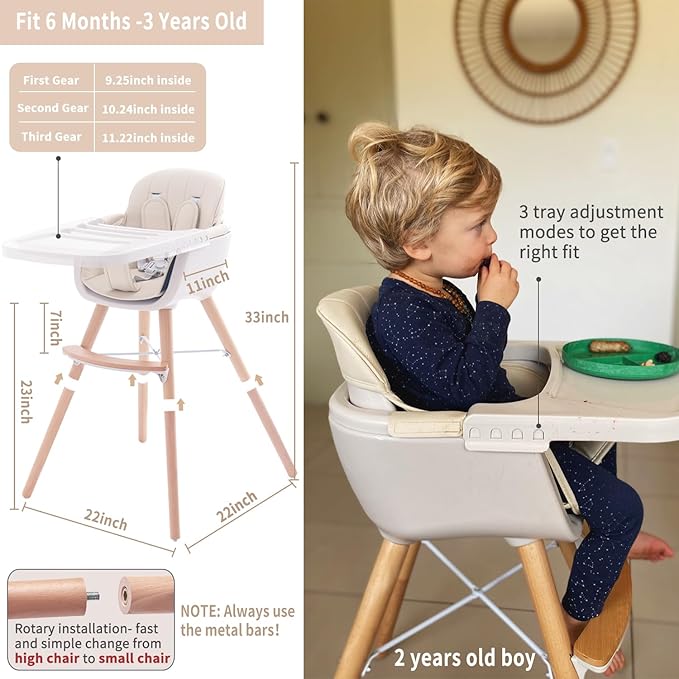 Mallify 3-in-1 Convertible Wooden High Chair, High Chairs for Babies and Toddlers, Baby High Chair with Adjustable Legs & Dishwasher Safe Tray, Made of Sleek Hardwood & Premium Leatherette, Beige