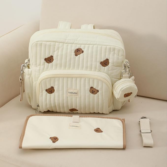 Diaper Bag Backpack, Medium Maternity baby bag & Changing Pad, Insulated Pockets, Stroller Straps & Pacifier Case (Medium - Beige Bears)