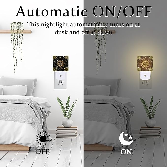 Boho Golden Sun Night Light for Kids, Mystical Astronomy and Astrology Night Light Plug in with Dusk to Dawn Sensor, 0.5w Energy Saving Sleep Friendly Nightlight for Hallway Stairway Kitchen Bedroom