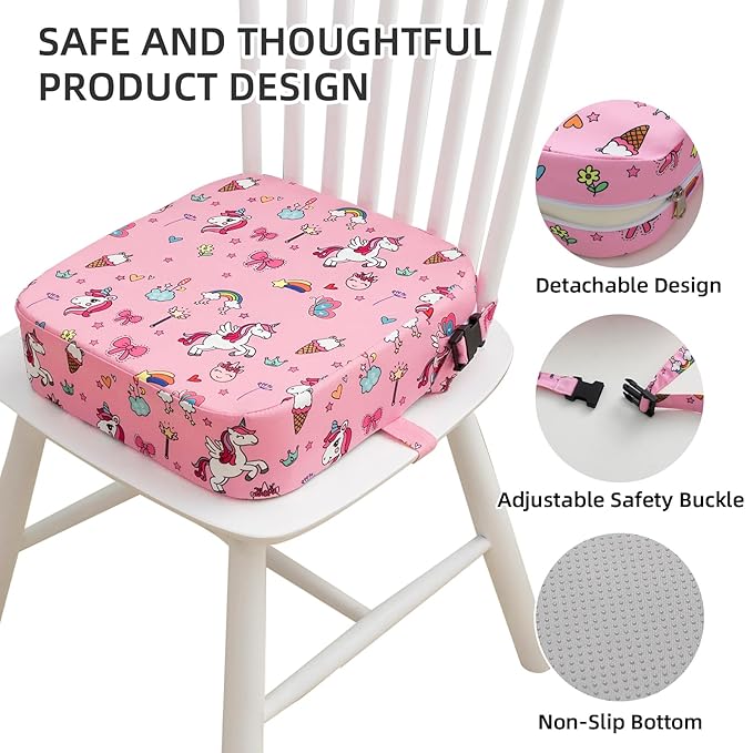 Toddler Booster Seat for Dining Table, Portable Kids Booster Seat with Safety Buckles Portable Increasing Booster Cushion with Non-Slip Bottom (Pink Unicorn)