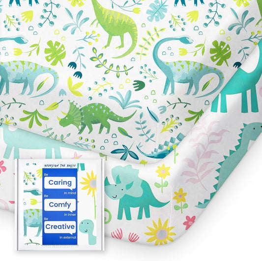 Dinosaur Pack N Play Sheets Fitted, Ultra Soft Mini Crib Sheets for Boy, Premium Jersey Knit Pack and Play Sheets, Stretchy Neutral Play Yard Sheets for Pack and Play Mattress, 2 Pack
