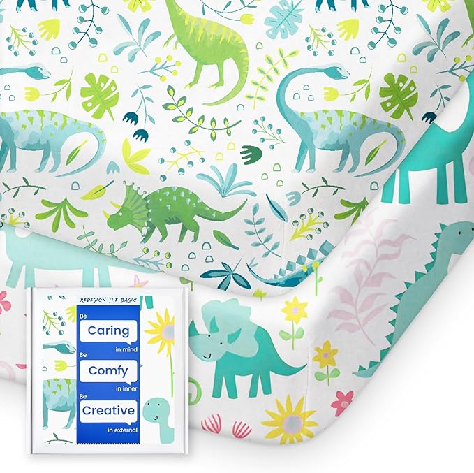 Dinosaur Pack N Play Sheets Fitted, Ultra Soft Mini Crib Sheets for Boy, Premium Jersey Knit Pack and Play Sheets, Stretchy Neutral Play Yard Sheets for Pack and Play Mattress, 2 Pack