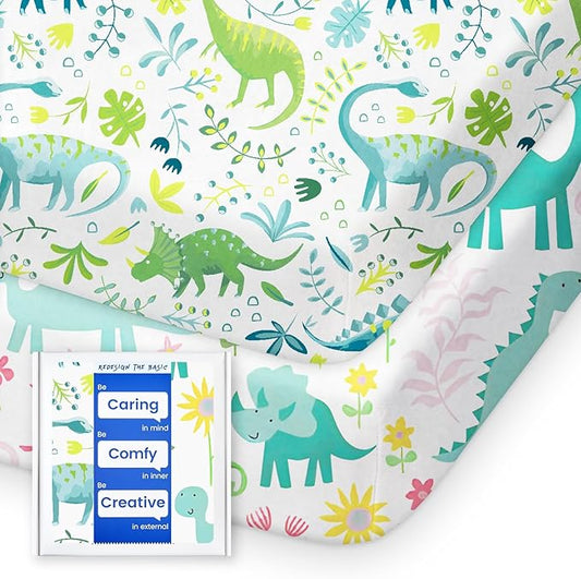 Dinosaur Pack N Play Sheets Fitted, Ultra Soft Mini Crib Sheets for Boy, Premium Jersey Knit Pack and Play Sheets, Stretchy Neutral Play Yard Sheets for Pack and Play Mattress, 2 Pack