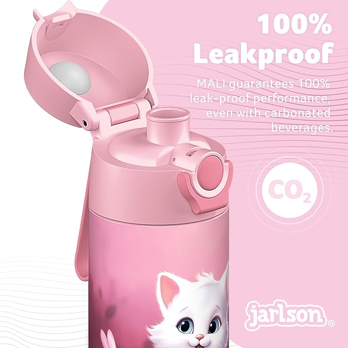 Jarlson® Mali Children's Water Bottle, Thermal Stainless Steel Water Bottle, BPA-Free, Leak-Proof, Children's Bottle with Chug Lid, Bottle for School, Nursery (Cat 2.0, 12 oz)
