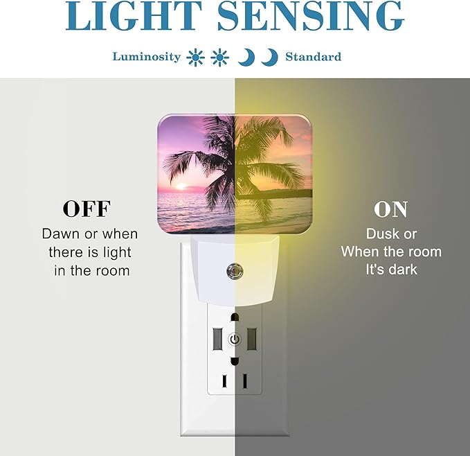 Beautiful Purple Pink Sunset Night Light Tropical Palm Tree Nightlight Plug into Wall with Dusk to Dawn Sensor for Kid Girls Boys Women Men Room, Hallway, Kitchen, Bathroom, Stairs Decor