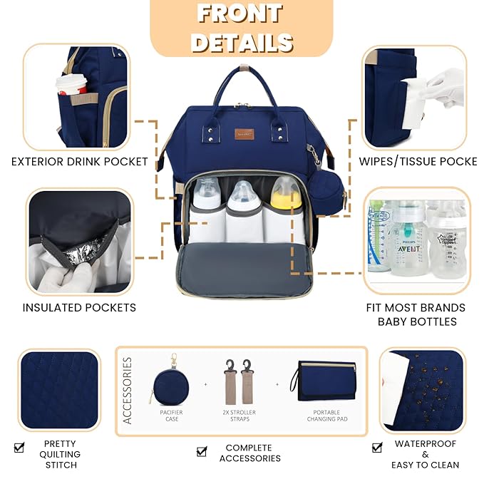 Diaper Bag Backpack with Changing Pad, Pacifier Case, Baby Bag for Boy Girl Toddler - Large, Stylish, Waterproof Travel Quilted Diaper Bag for Mom - Baby Shower - Navy Blue
