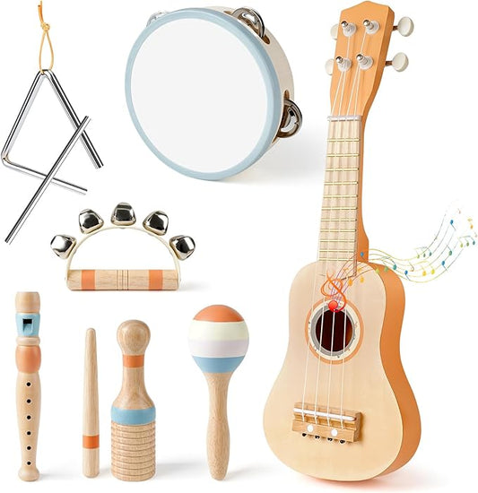 Kids Guitar Set - Toys for 2 3 Year Old Boy & Girls Birthday Gifts, 7 in 1 Montessori Musical Instruments for Toddlers 2-4, Musical Band Sets with Ukulele/Flute/Tambourine/Maracas Toys for Kids 3-5
