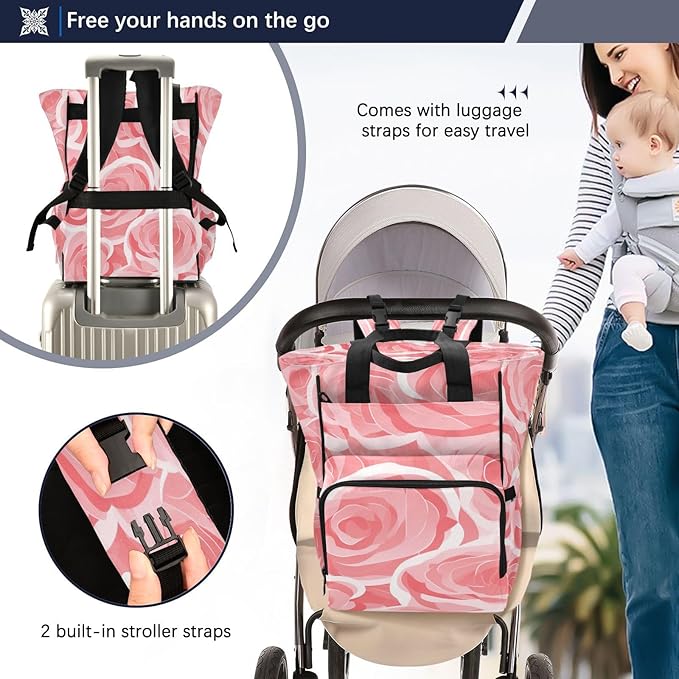 Doodle Pink Rose Diaper Bag Backpack, Mommy Bag, Multifunctional Diaper Bag, Travel Backpack, Large Capacity Diaper Bag