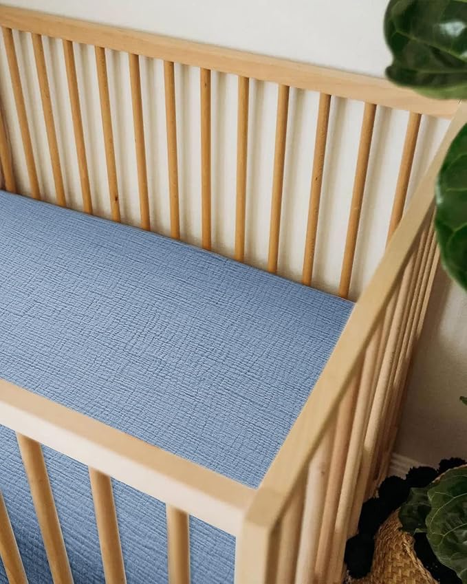 Mini Crib Sheets for Baby, Fitted Pack N Play Mattress and Mini Cribs 24" x 38", Neutral Muslin Cotton Mini Crib Mattress Sheet with Boho Style, Soft and Breathable Comfort (Costume Blue)