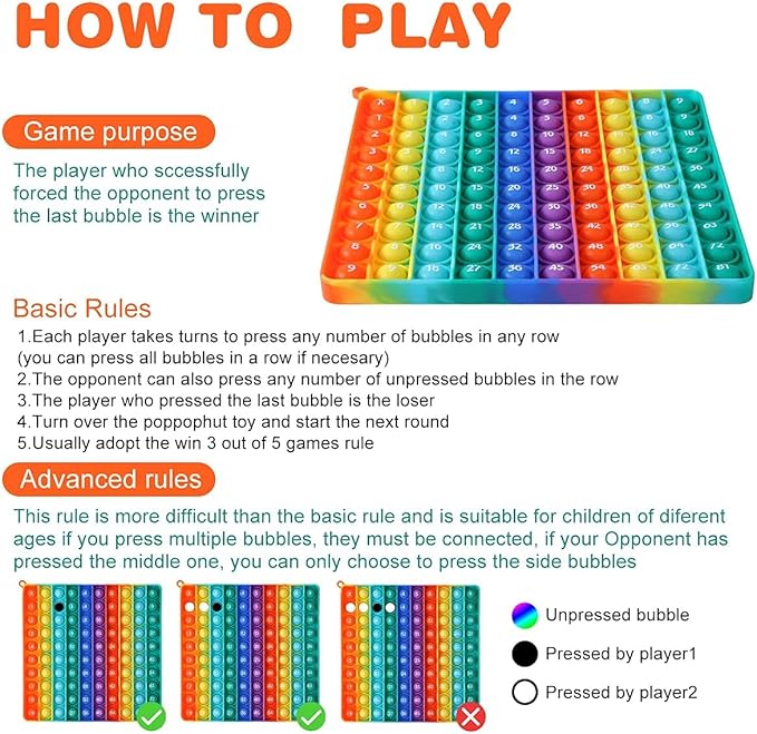 Large P0pp with Numbers, Rainbow Square Dimples Fidgett Ttoy 100 Bubble Math Toy Learning Tool for Teachers to Make Various Math Operations Poppers for Kids (1-100 Numbers)