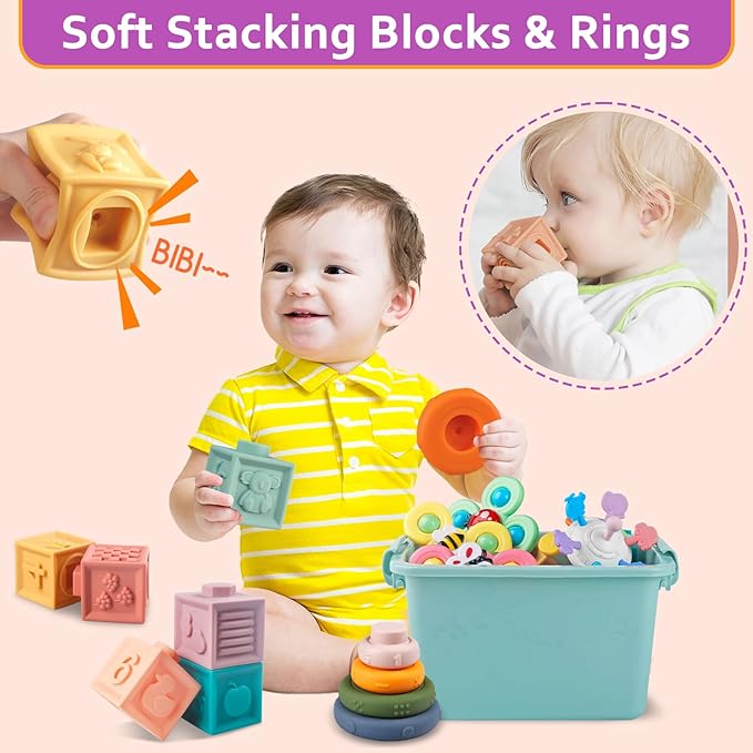 Baby Toys for 6 to 12 Months, Montessori Sensory Bins & Teething Toys, 6 in 1 Stacking Blocks, Rings, Eggs, Spinner, Crab Shape, 27 Pieces, Ages 6-36 Months