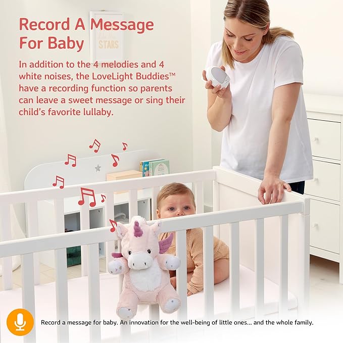 Cloud b LoveLight Buddies Sound Machine with White Noise, Soothing Lullabies & Gentle Nightlight | Voice Recorder | USB Rechargeable | Adjustable Settings & Auto-Shutoff | Lily The Unicorn