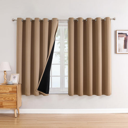 ChrisDowa 100% Blackout Curtains 84 inch Long for Bedroom with Black Liner, Extra Wide 2 Thick Layers Total Blackout Thermal Insulated Grommet Window Curtains 2 Panels Set (Cappuccino, 60 x 84 Inch)