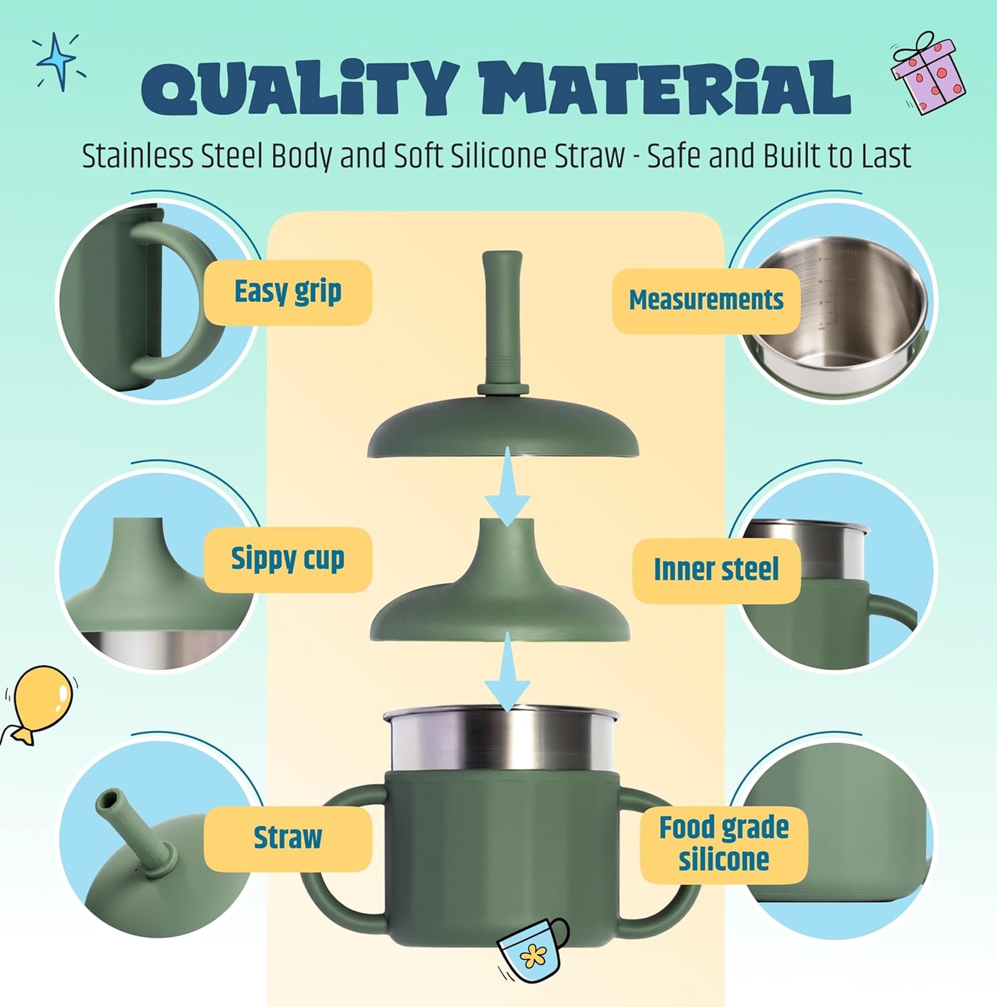 Jumble Dream Baby Sippy Cup, 100% Silicon Training Stainless Steel Kids Cups with Silicon Straw, Toddler Tumbler with Straw Spill Proof |6 Month Plus Toddler Sippy Cup| BPA Free Baby Beaker