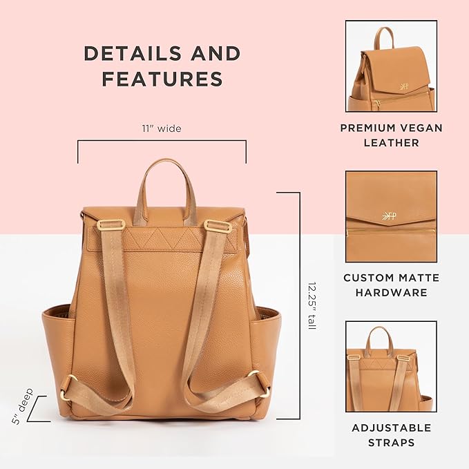 Freshly Picked Mini Classic Diaper Bag Backpack, Wipeable Vegan Leather Diaper Backpack, 8 Pockets (Butterscotch Tan)