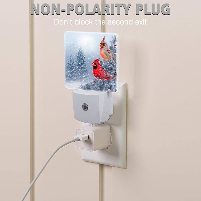 Red Birds Night Light Winter Cardinal Birds Plug in Night Lights LED Lamp with Dusk to Dawn Sensor Auto Energy Saving Square Lights for Bedroom Bathroom Hallway Home Wall Decor Nightlight