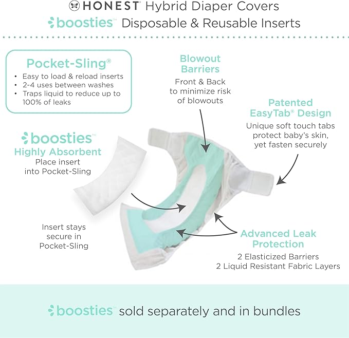 Super Boosties 90ct + Honest Hybrid Cloth Diaper Cover with Pocket-Sling, Large (22-40 lbs), Stops Nighttime Leaks, Boosties Disposable Diaper Inserts, Honest Cotton Muslin Covers, 3 Pack