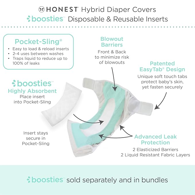 Honest Hybrid Cloth Diaper Covers with Pocket-Sling, Large (22-40 lbs), Stops Nighttime Leaks, Use with Boosties Disposable Diaper Pad or Reusable Insert, 3 Pack of Cotton Muslin Covers