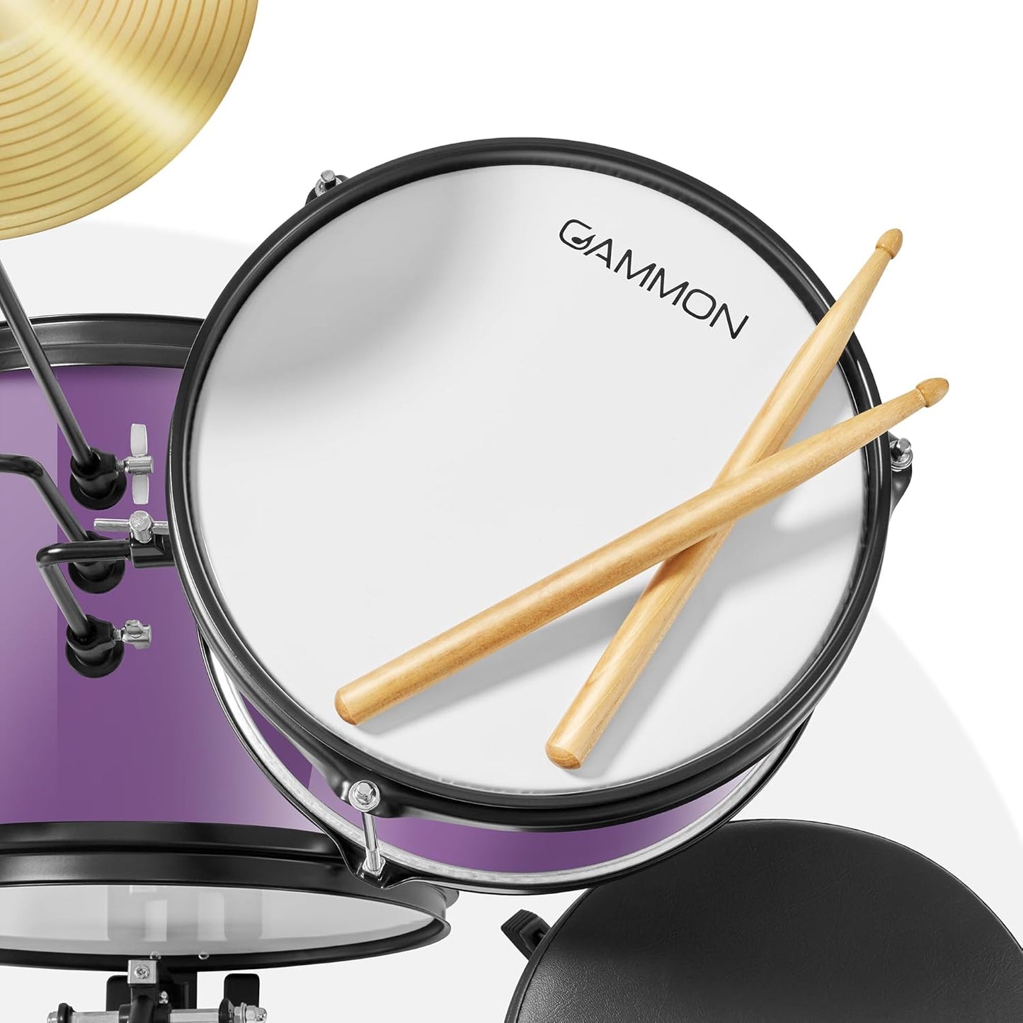 Gammon 3-Piece Junior Drum Set with Throne - Purple, Complete Beginner Kit with Bass Drum, Toms, Cymbal, Pedal, and Drumsticks