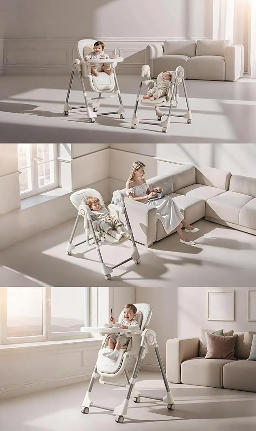 Nine point nine PU Leather Baby High Chair with Swinging Function, High Chairs for Babies and Toddlers, Removable Double Tray Baby Seat Feeding Chairs (8121 White)