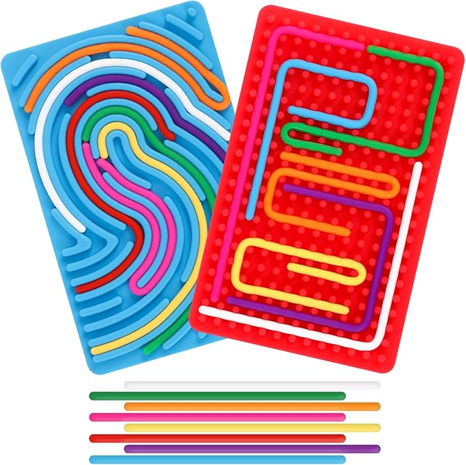2pcs Sensory Activity Board, Double-Sided Silicone Fidget Toys for Kids 3+ & Adults, Sensory Toys for Anxiety, ADHD, Autism, Calming, Includes Travel Bag & 20 Strings, Red & Blue