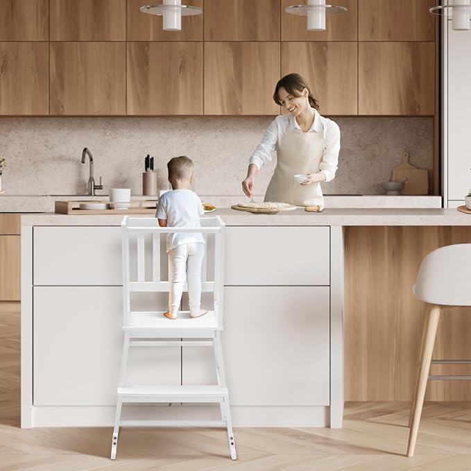 COSYLAND Toddler Kitchen Step Stool Helper - Wooden Standing Tower for Kids with Anti-Tip Support Legs - Mothers' Helper Kids Learning Stool for Kitchen Counter (White)
