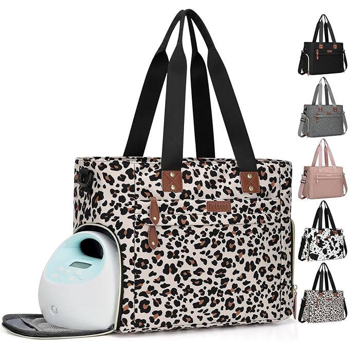 Diaper Bag Tote for Working Mom, Large Travel Diaper Tote for Mom and Dad with 14 Inch Laptop Sleeve, Mommy Maternity Travel Baby Bag for Boys and Girls, Leopard