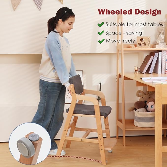 Swegrow Wooden High Chair with 2 Wheels, Adjustable Seat - Backrest - Footrest Heights, Wooden High Chair for Toddlers - Kids and Baby, Kids Dining Chair with Removable Cushion(Gray)