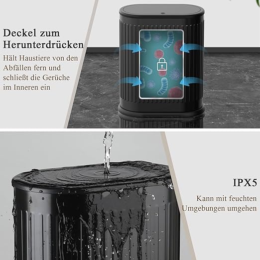 1.6 Gallon Trash Can with Lid, Small Bathroom Trash Can Wastebasket, Slim Garbage Can with Inner Bucket, Press Top Lid Garbage Container Bin for Kitchen, Home, Office, Bedroom, Living Room (Black)