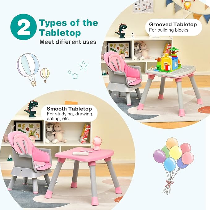 BABY JOY Baby High Chair, 8 in 1 Convertible Highchair for Babies & Toddlers | Booster Seat | Table and Chair Set | Building Block Table | Toddler Chair with Safety Harness, Removable Tray (Pink)