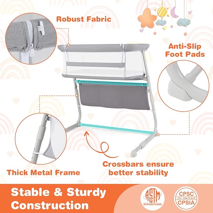 BABY JOY Bassinet, Bedside Crib w/Adjustable Height, Comfy Mattress, Full-Mesh Sides and Storage Pockets for Newborns Infants, Baby Bassinets Bedside Sleeper for Safe Co-Sleeping