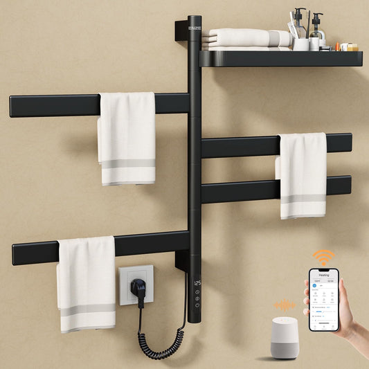 ENZE Smart Rotating Heated Towel Rack for Bathroom, Wall-Mounted Electric Towel Dryer with Swivel Bars & Shelf, Smart Timer, Low Carbon Steel, Plug-in/Hardwired, Towel Warmer with Wi-Fi App Control