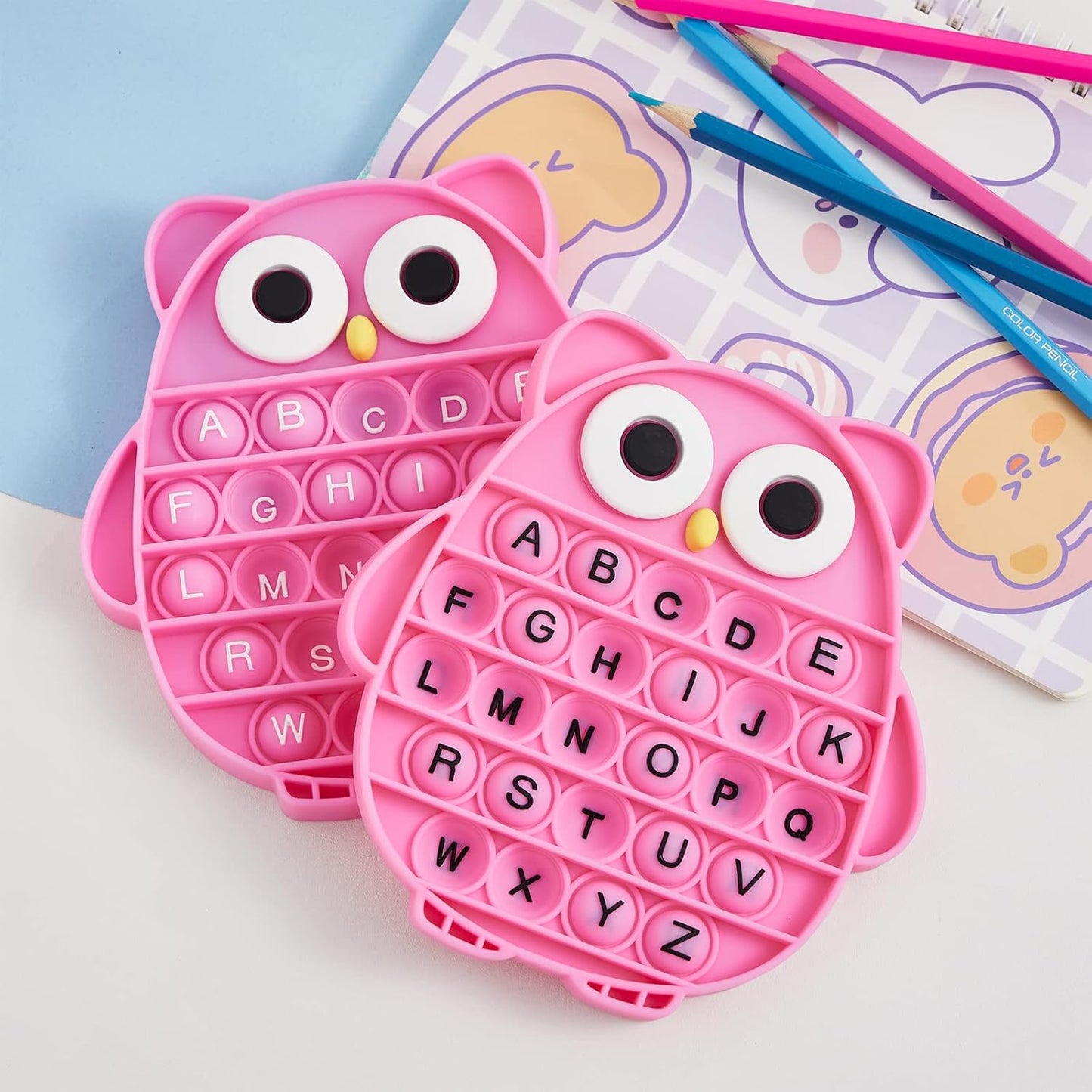 Push Pop Bubble Fidget Sensory Toy, Silicone Stress Relief Popping Toy, ABC Alphabet Owl Shaped Educational Learning Tools for Toddlers Kids Students (Black Letters-Rose)
