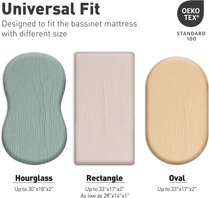 Muslin Bassinet Fitted Sheets, 2 Pack for Baby Boy and Girl, Soft Breathable Stretchy Baby Pad/Mattress Sheet Set, Universal Fit for Hourglass Oval and Rectangle Bassinet Mattress (Elegant Colors)