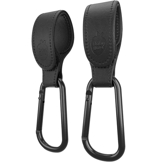 Baby Uma Stroller Hooks for Bags (2 Pack) - Faux-Leather Stroller Clips and Hooks, Universal, 11 lb Weight Capacity per Carabiner, Adjustable & Non-Slip, Baby Travel Essential (Black)