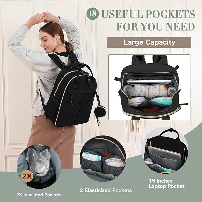 Diaper Bag Backpack, Baby Diaper Bag with 18 Pockets, Large Baby Bag Backpack for Girl Boy, Waterproof Diaper Bag with Changing Pad,Wet Dry Bag, Black