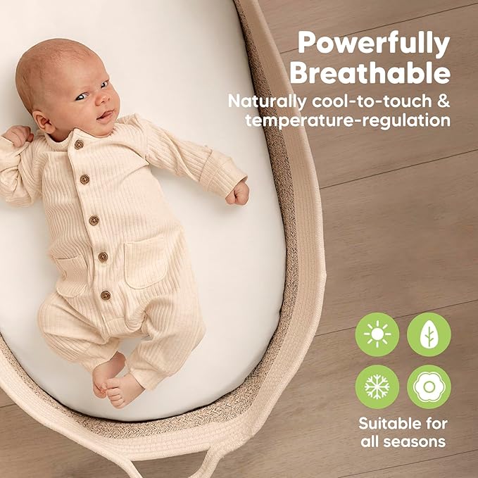 2-Pack Baby Bassinet Sheets Girl, Boy - 33x17 Viscose Derived from Bamboo Bedside Mattress Fitted Bassinet Sheets, Compatible with Halo Bassinest Swivel Sleeper, Baby Delight, Graco(Soft White)