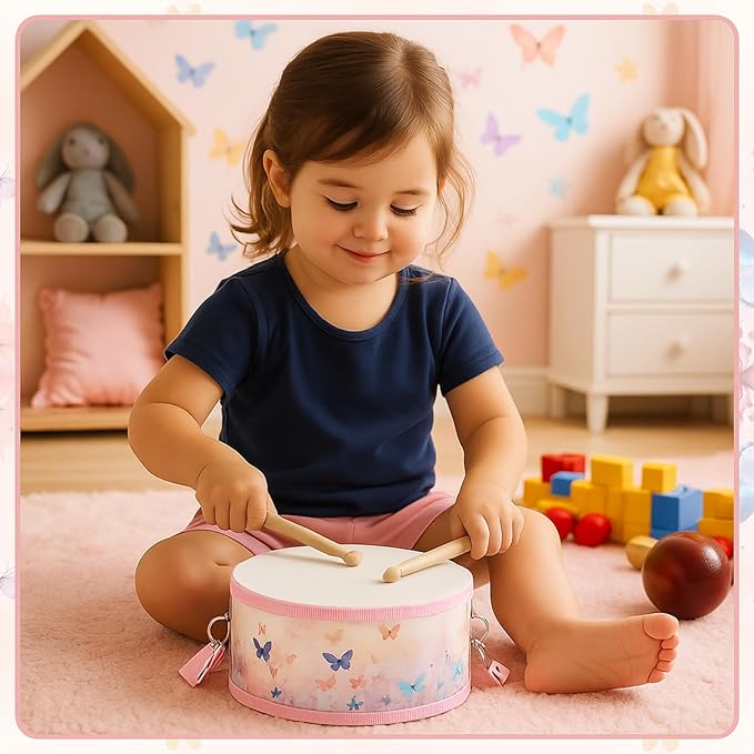 Boao 1 PC Kids Drum Set, 8 Inch Toddler Drum Wooden Toy with Adjustable Strap and 2 Drumsticks, Educational Sensory Musical Instrument for Toddlers Kid Baby Boys Girls Gift(Butterfly)