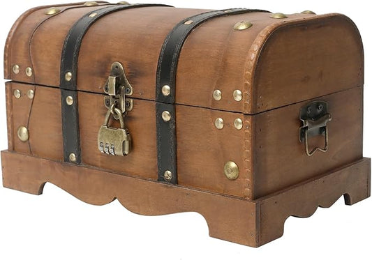 Vintage Wooden Treasure Chest Decorative Box with Lock - 12.2" x 7.1" x 7.1", Brown