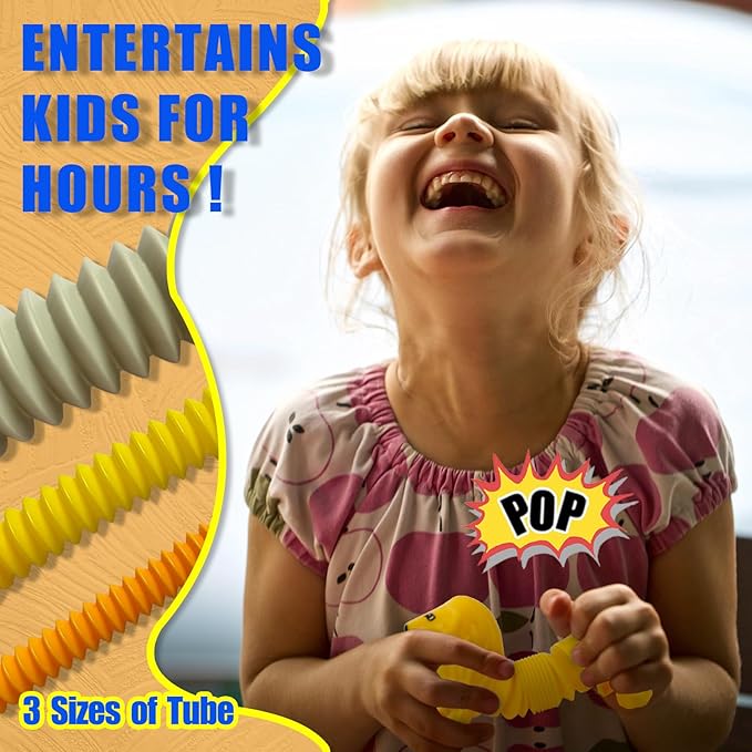 Animal Pop Tubes Sensory Toys 6 Pack Fidget Toddler Stretchable Stress Relief Tubes for Autism, Party Favors, Christmas Stocking Stuffers, Birthday Gifts for Kids Boys & Girls