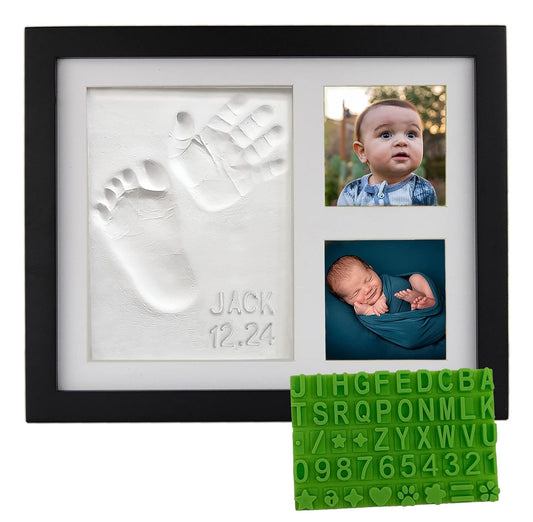 Baby Hand & Footprint Clay Keepsake Photo Frame Kit - w/Silicone Stencil for a Personalized Gift. Wood Frame, Wall/Table Mount. Perfect Registry, Baby Shower, New Mom, Birthday & Newborn Gift - Black