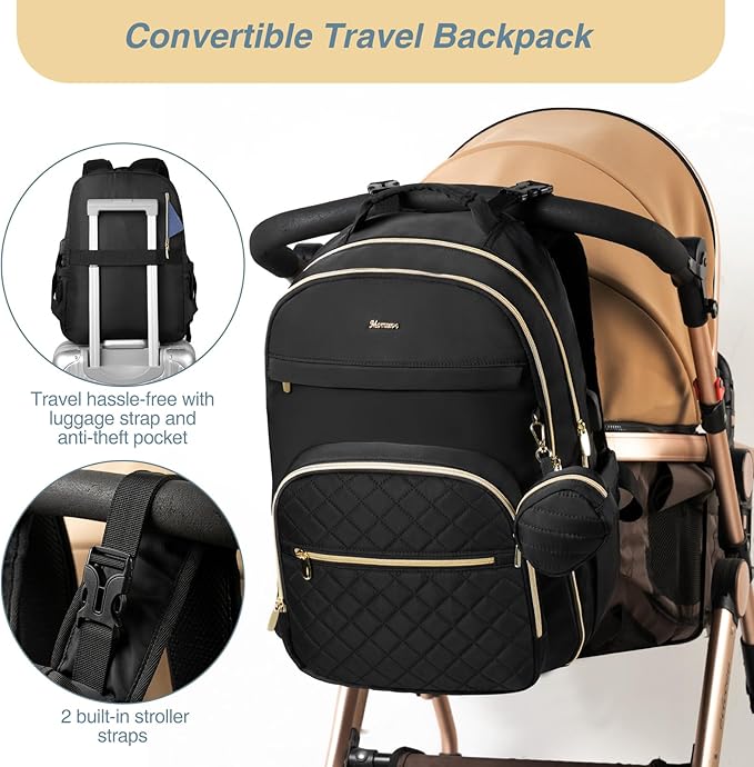 MOMUVO Diaper Bag Backpack, Quilted Baby Bag with Changing Pad and Stroller Straps and Pacifier Case, Large Travel Diaper Bags for Mom Dad,Black