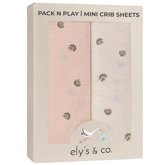 Ely’s & Co. Pack and Play Sheets, for Mini/Portable Crib, 2 Pack Fitted Playpen Play Yard Sheet Set Compatible with Graco Pack n Play, for Baby Girls, 100% Cotton, Pink Vintage Floral, 38”x24”x5”