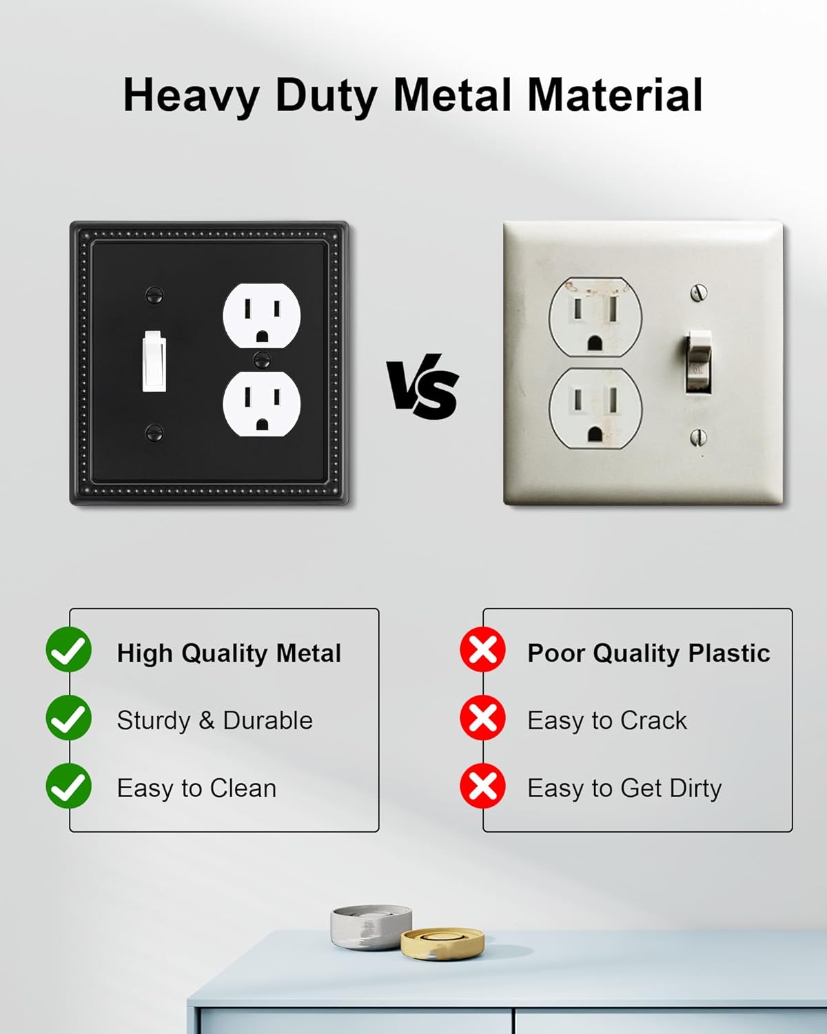 2-Pack Combo Toggle/Duplex Light Switch Cover Plate, Black Metal Wall Outlet Cover Plate, Decorative Beaded Wall Socket Receptacle Cover for Electrical Outlets, Light Switch