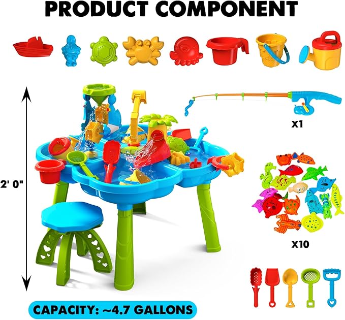 CozyBomB™ Water Table for Toddlers 3-5 | Outdoor Toys Water Play Table, Magnetic Fishing Toy Game, Summer Splash Pond Showers Sand Activity, Sensory Party Birthday Gift Kids Ages 4-8 9-12 (1-Tier)